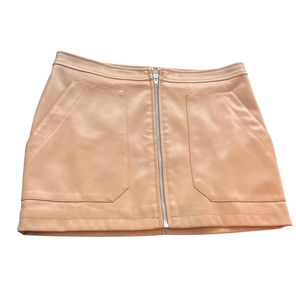 Free People Maya Faux‎ Leather Mini Skirt Tan Camel Front Zip Pockets Size 4